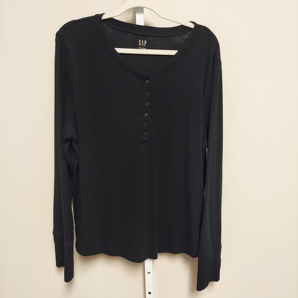 Gap Women XXL Rib Henley Long Sleeve Shirt Black Button Neck Top Minimal‎